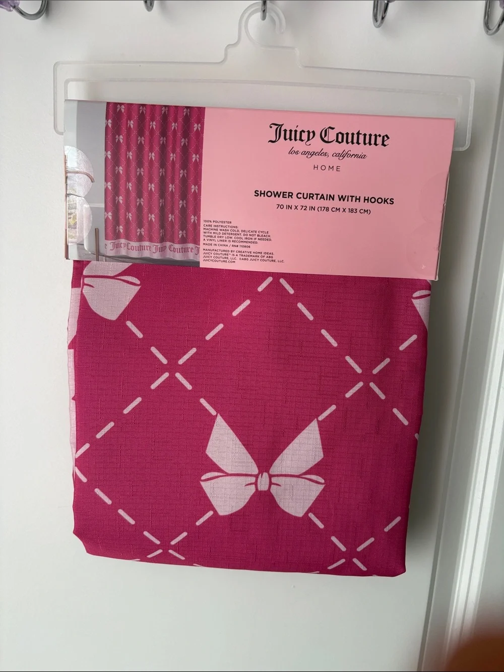 Juicy Couture Pink Bow Diamond-Quilt Shower Curtain with Hooks
